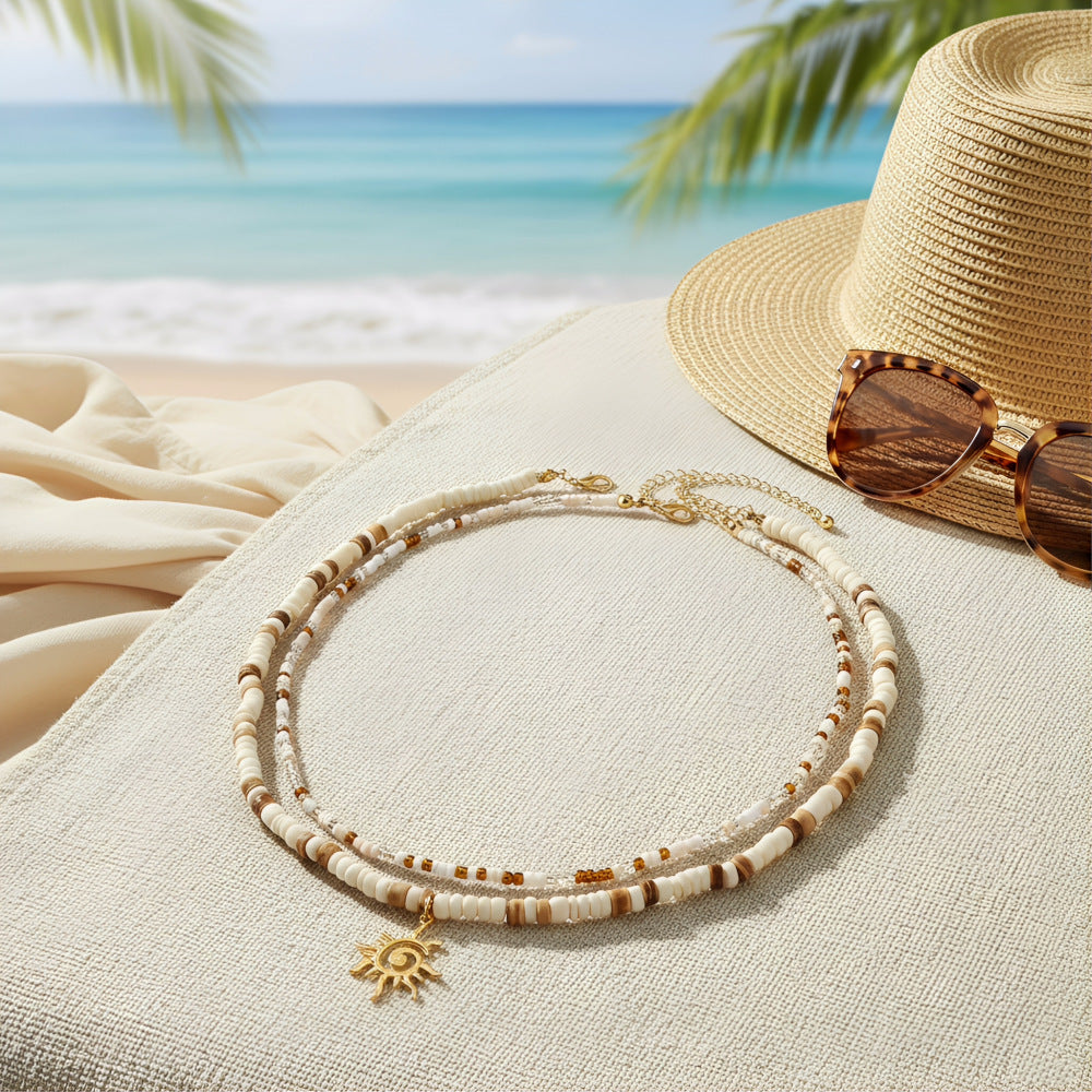 Casual Handmade Geometric Sun Alloy Pendant Coconut Shell Ball Chain Necklace Multi-layer Beach Vacation Jewelry
