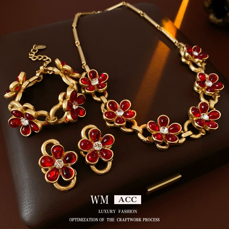 Set collana con ciondolo in vetro floreale vintage con orecchini e bracciale in lega per donna, gioielli di lusso galvanizzati