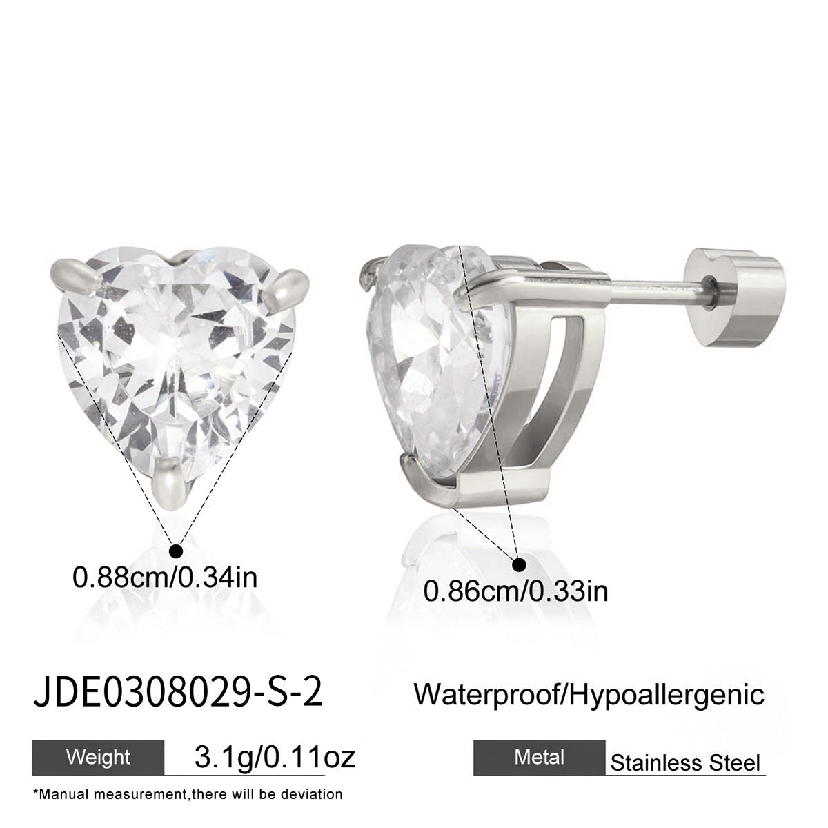 Minimalist Elegant Geometric Heart Stainless Steel PVD Cubic Zirconia Stud Earrings for Women
