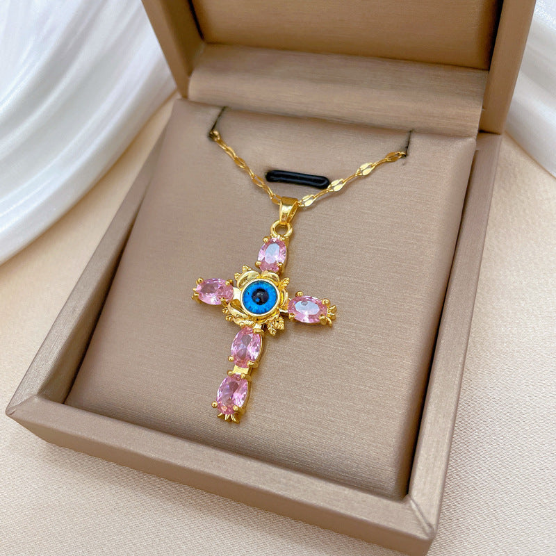 Minimalist Cross Pendant Necklace with Rhinestone Inlay in Titanium Steel for Women and Men, Delicate Clavicle Chain with Geometric Design