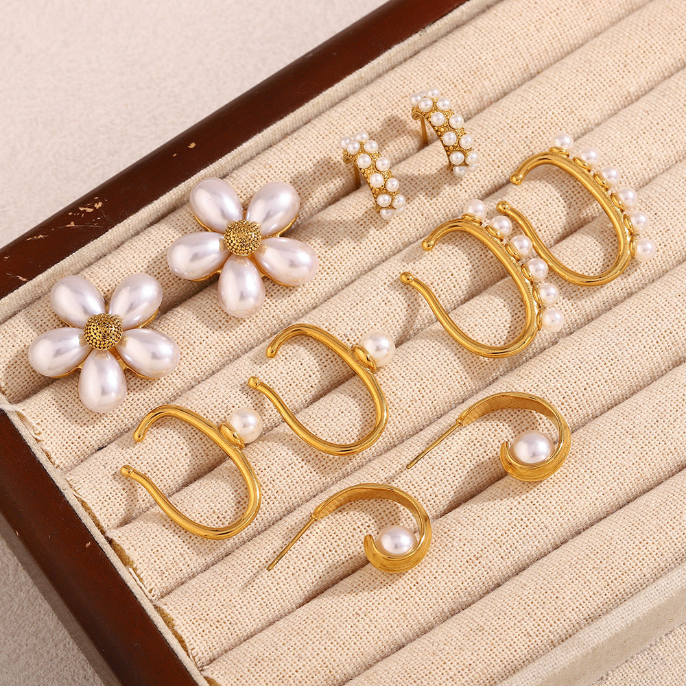 Elegant French-Style Stainless Steel Earrings with 18K Gold Plating, Rolled Edge Design, Faux Pearl Floral Motif, Geometric Shape