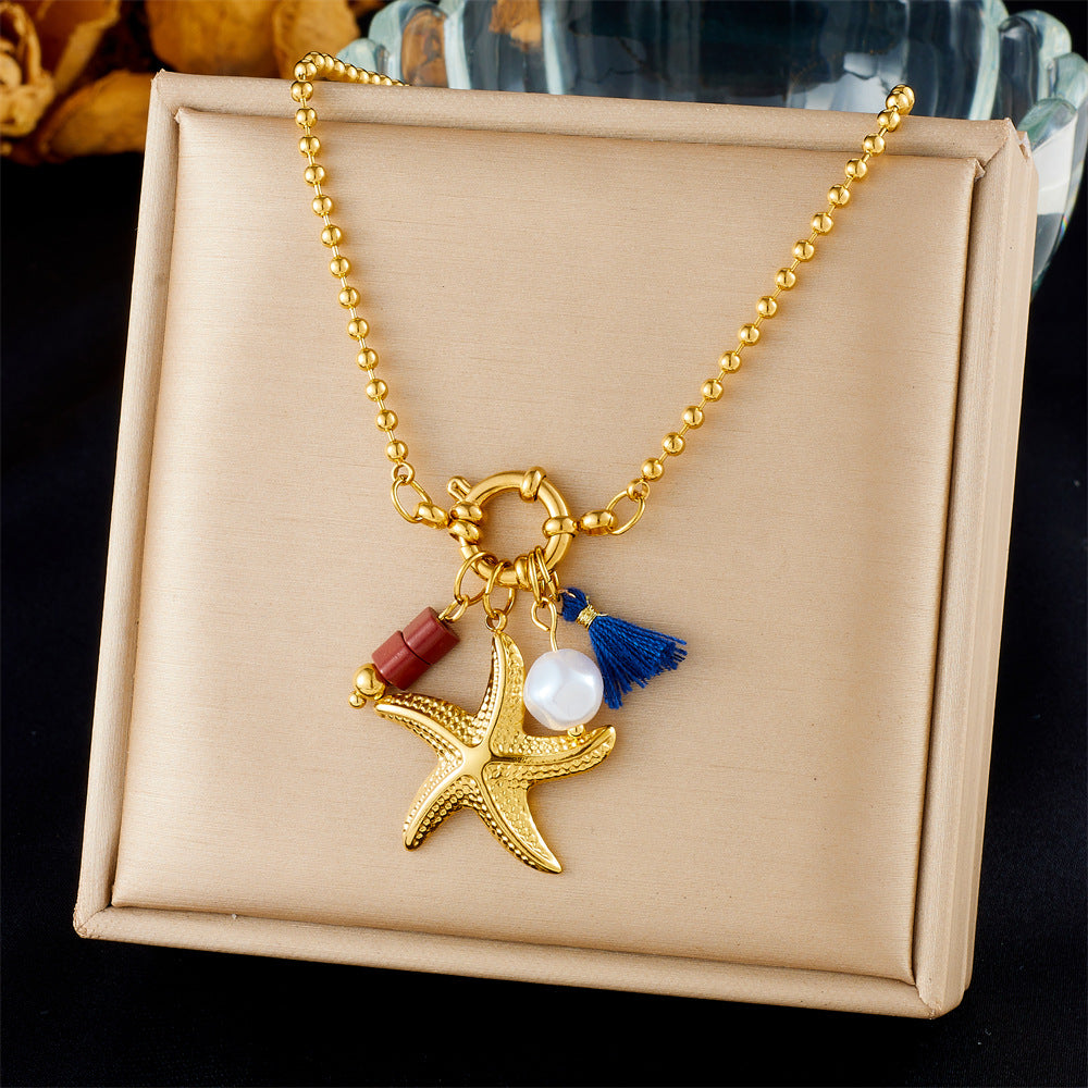 Chic Gold Plated Drip Oil Stainless Steel Starfish Butterfly Necklace