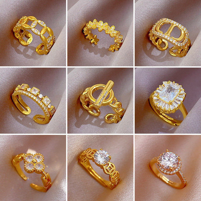 Luxury Minimalist Plated Brass Crown Rhinestone Adjustable Ring for Women