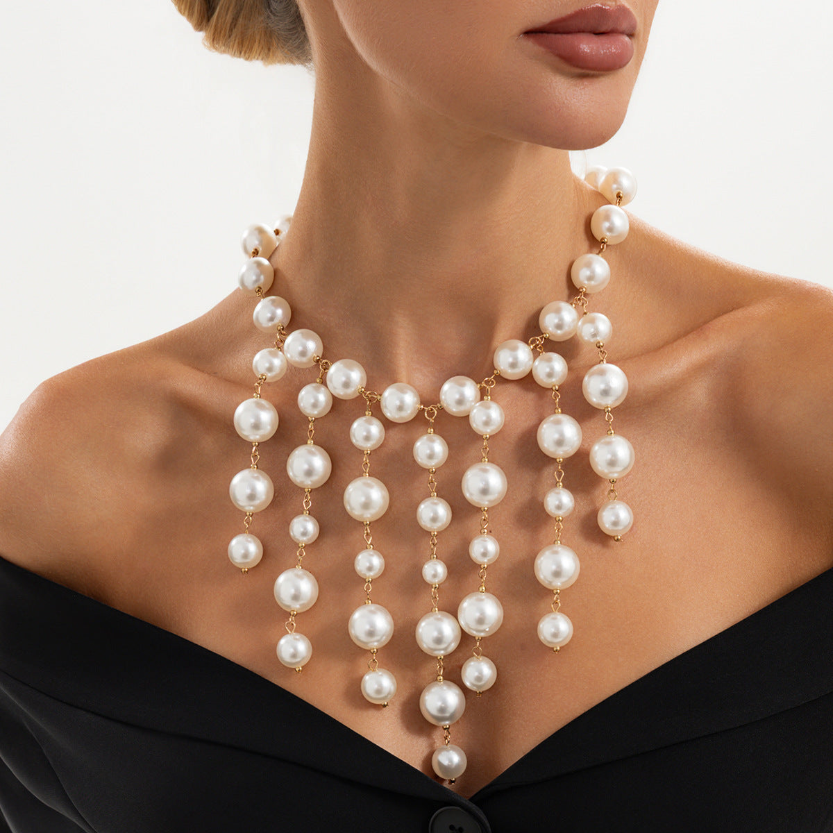 French Vintage Elegant Geometric Round Faux Pearl Plated Necklace for Women