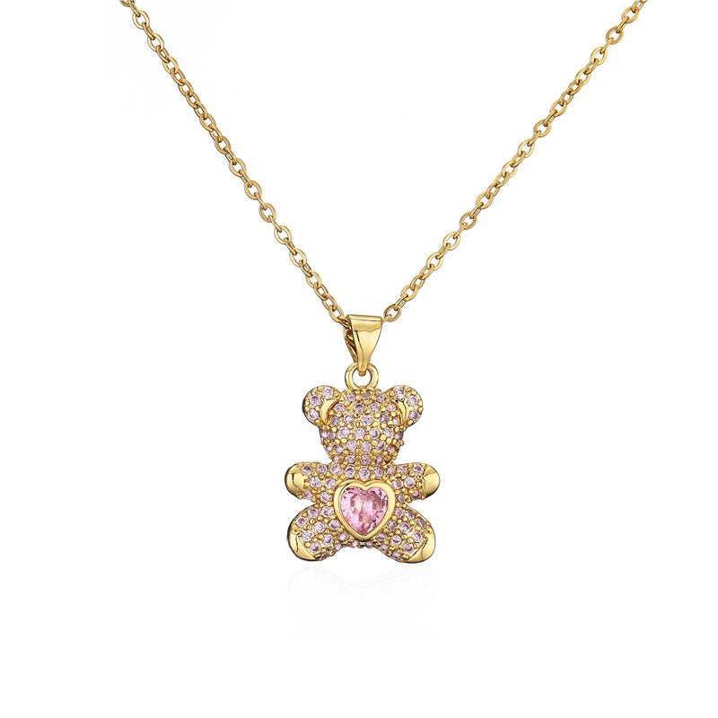 Minimalist Heart-Shaped Bear Pendant Necklace in Copper with Micro-Paved Cubic Zirconia on Snake Chain