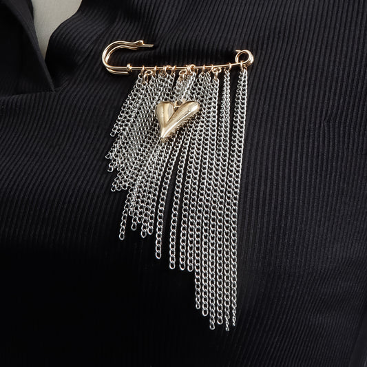 Elegant Geometric Heart Color-Block Alloy Plated Tassel Brooch for Women