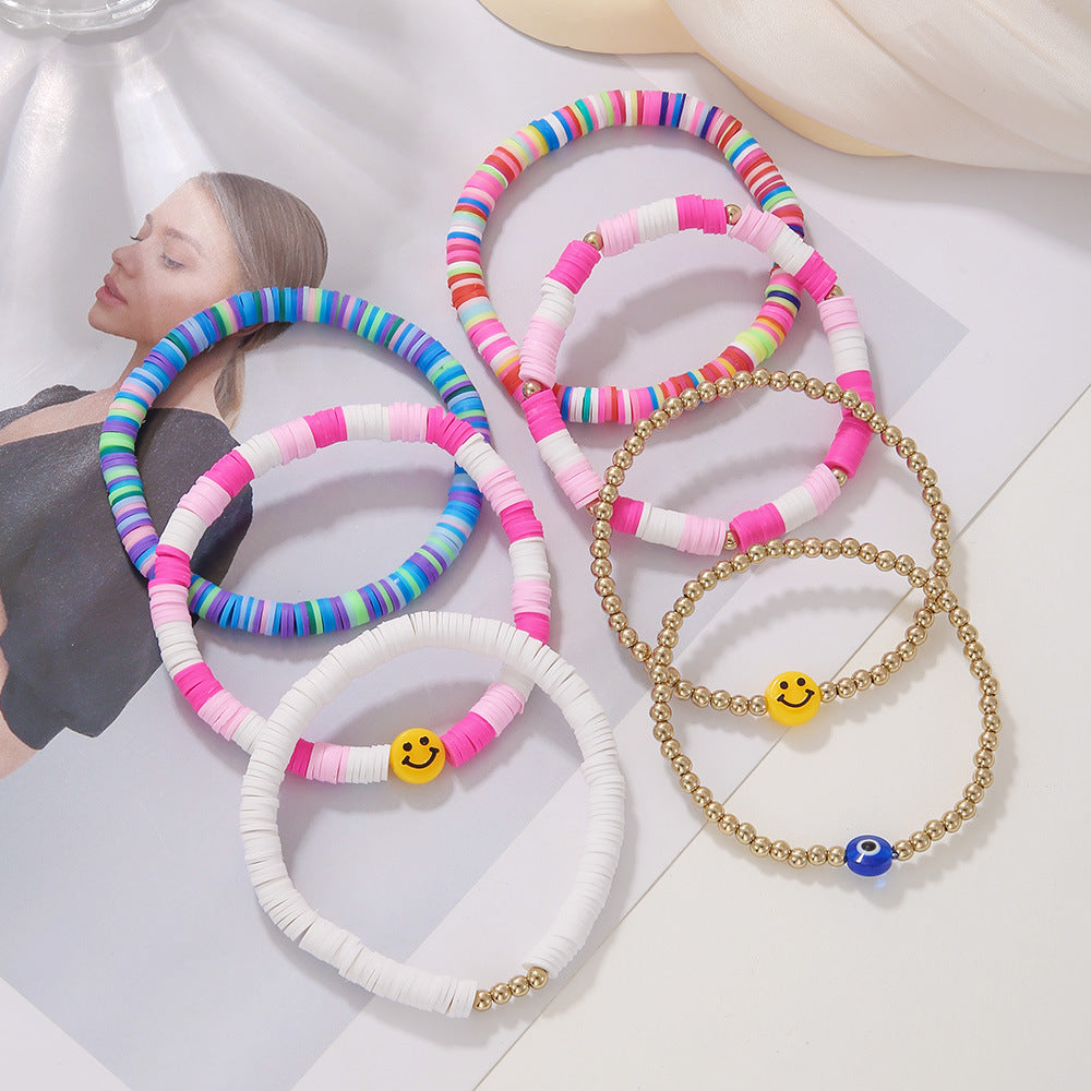Bohemian Sweet Geometric Resin Brass Acrylic Bracelet Set with Eye and Smile Charms