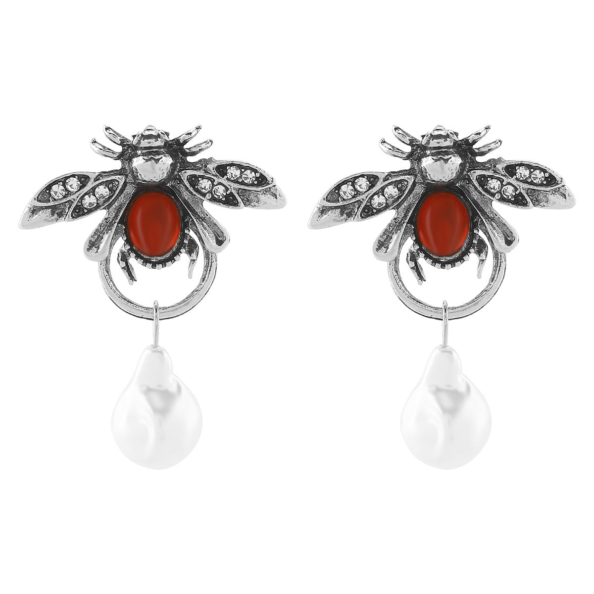 Pendientes de Aleación de Zinc con Forma de Insecto de Inspiración Vintage y Perlas Simuladas Colgantes para Mujer
