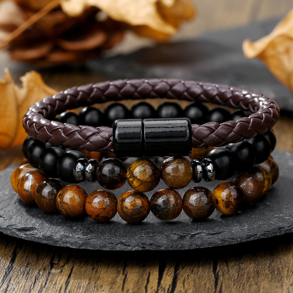 Hip-hop Punk Geometric Round Tiger's Eye Agate Hematite Leather Beaded Bracelet Set for Men