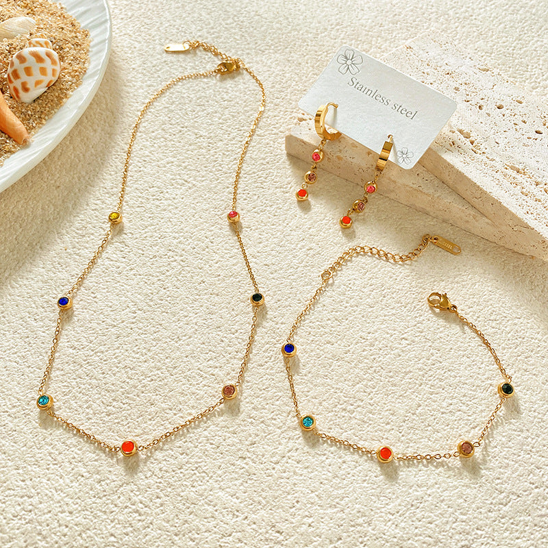 Casual Gold Plated Titanium Steel Necklace Set with Diamond and Pearl Inlay for Unisex