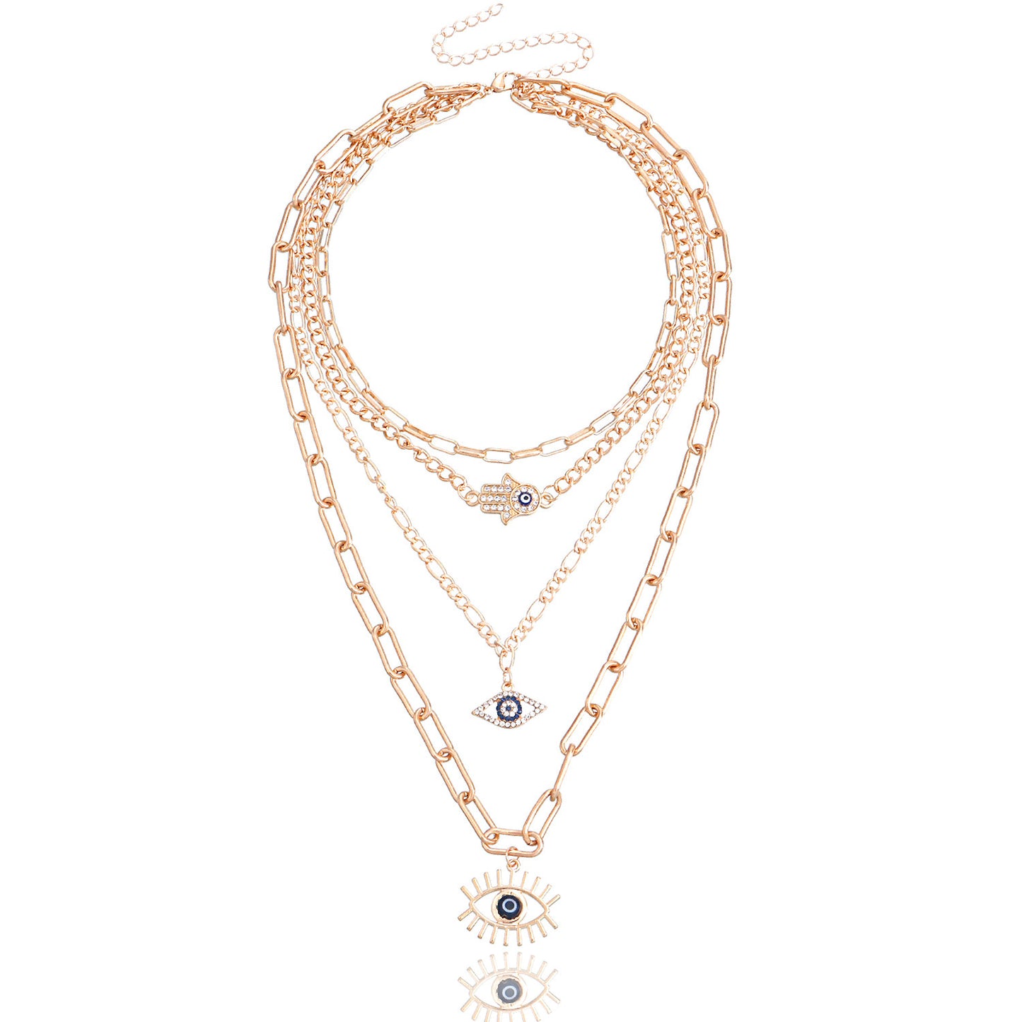 Vintage Multi-Layer Bamboo-Joint-Shaped Evil Eye Pendant Necklace for Women with Rhinestone Inlay and Gold-Plated Alloy