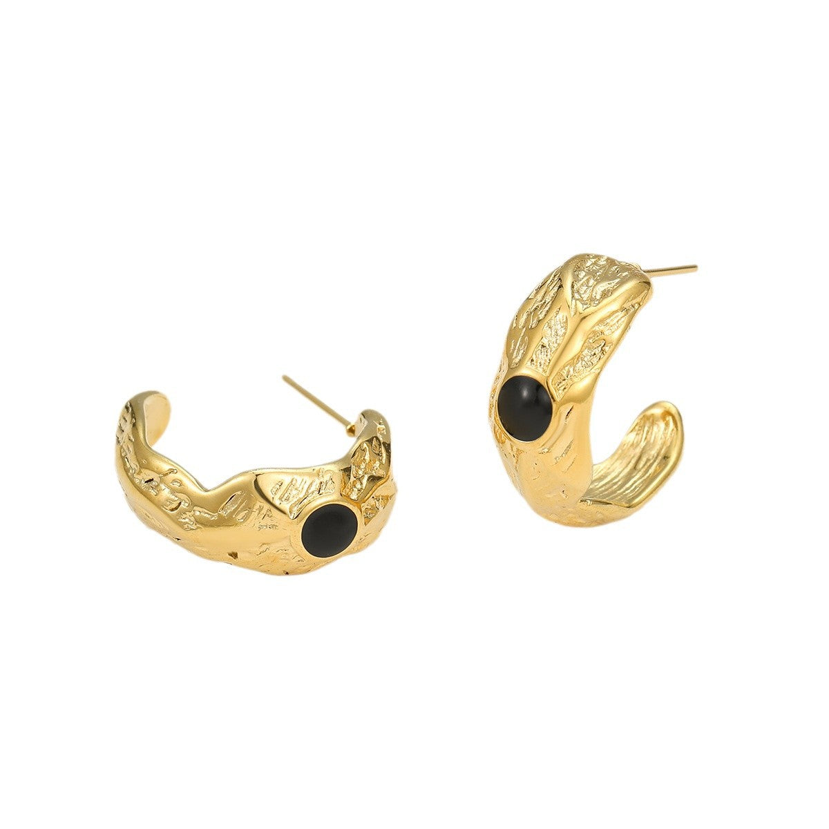 Orecchini a cerchio testurizzati a forma di C in acciaio inossidabile vintage con intarsio in pietra naturale e placcatura in oro 18K