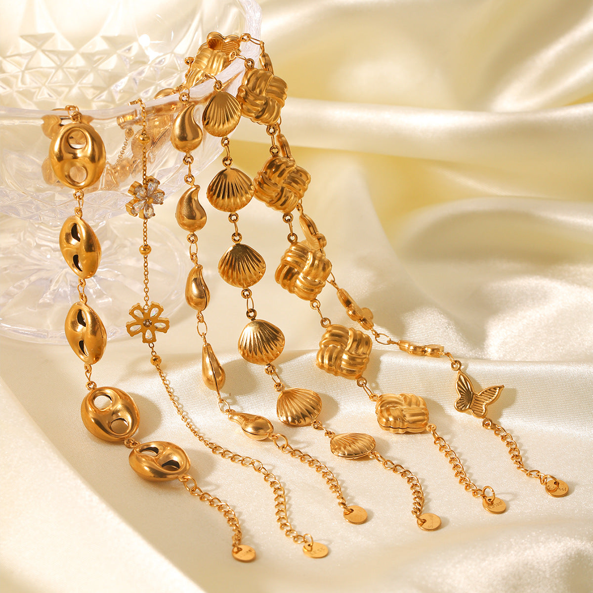 18K Gold Plated Stainless Steel Bracelet with Butterfly Shell Water Drop Flower Geometric Cube Pig Nose Clasp