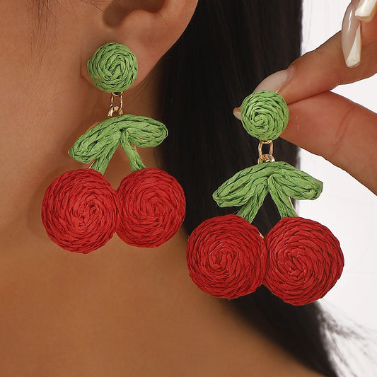 Pendientes de Aleación con Forma de Cereza y Fresa con Tejido de Rafia para Mujer, Pendientes de Fruta de Estilo Fresco y Dulce