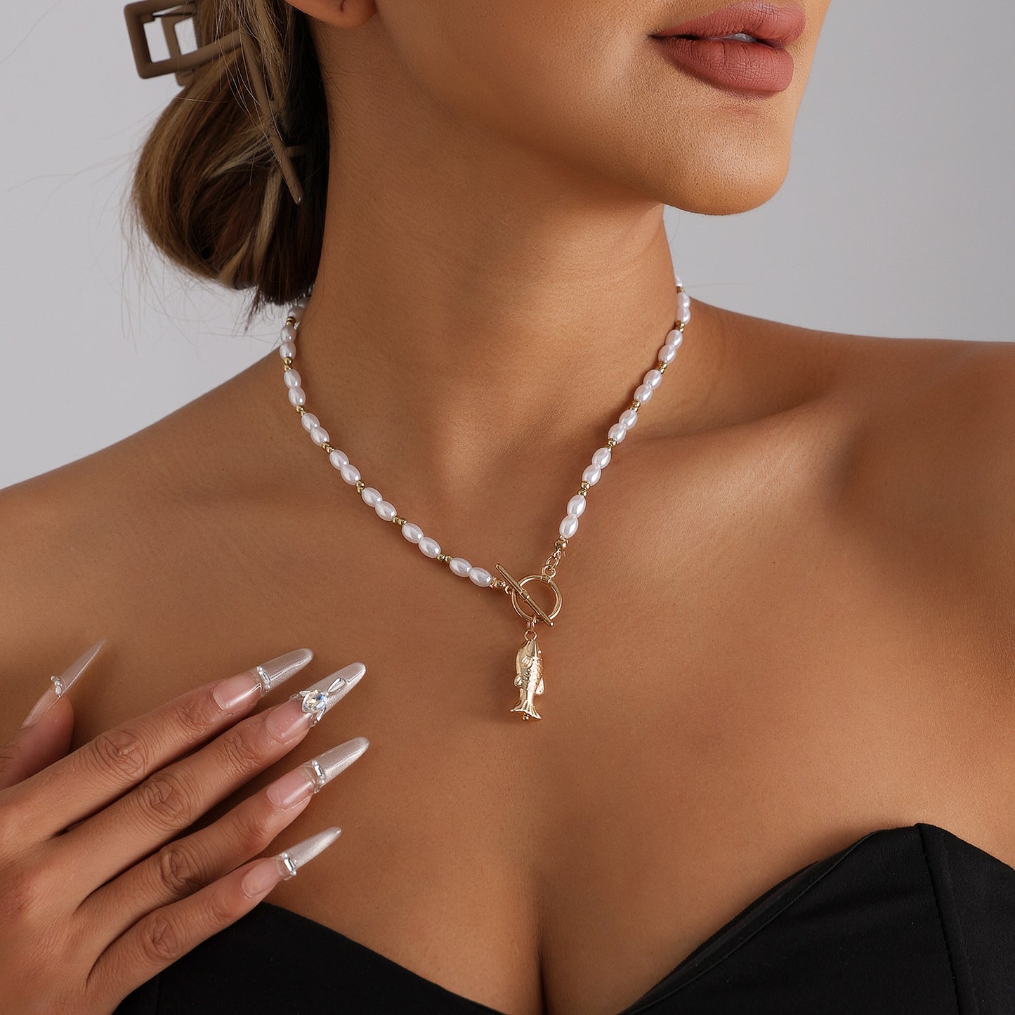 Creative Geometric Fish Pendant Necklace with Imitation Pearl Beads and OT Clasp for Women