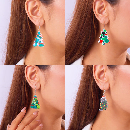 Christmas Style Acrylic Cut-out Earrings with Santa Claus, Cat, Tree, and Raccoon Designs