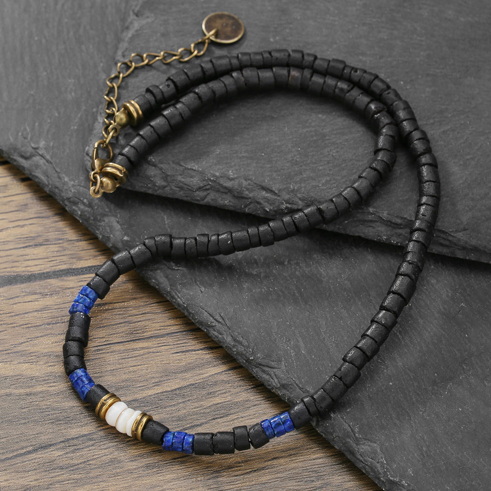Bohemian Vintage Punk Hip-hop Geometric Handmade Wood Lapis Lazuli Beaded Necklace with Shell Pendant for Unisex