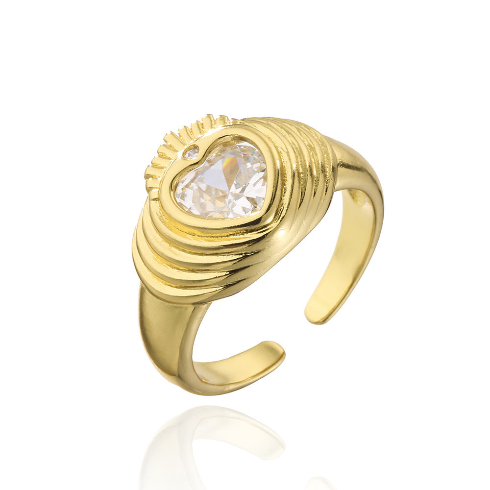 Anello aperto geometrico stile vintage da donna in rame placcato oro 18K con intarsio di zirconi