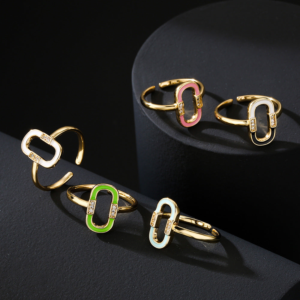 Minimalist Geometric Copper Ring with 18K Gold Plating and Enamel Zirconia Accents for Women