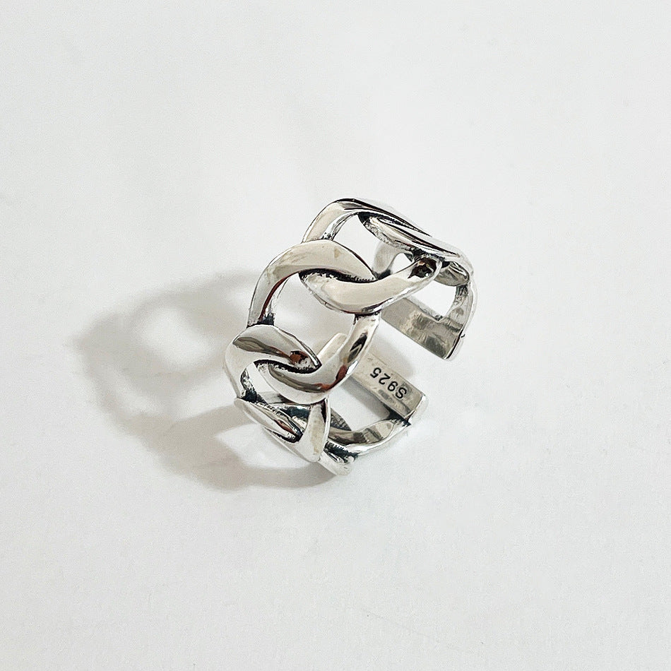 S925 Sterling Silver Vintage Minimalist Square Bar Open Ring for Women Mesh Texture Adjustable Band