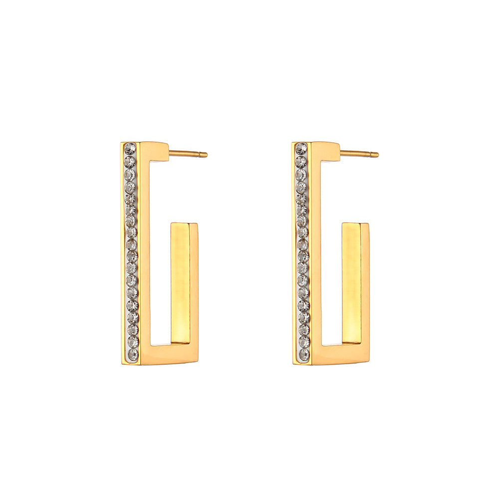 Minimalist Rectangular Stainless Steel Earrings with 18K Gold Plating and Rhinestone Inlay for Women