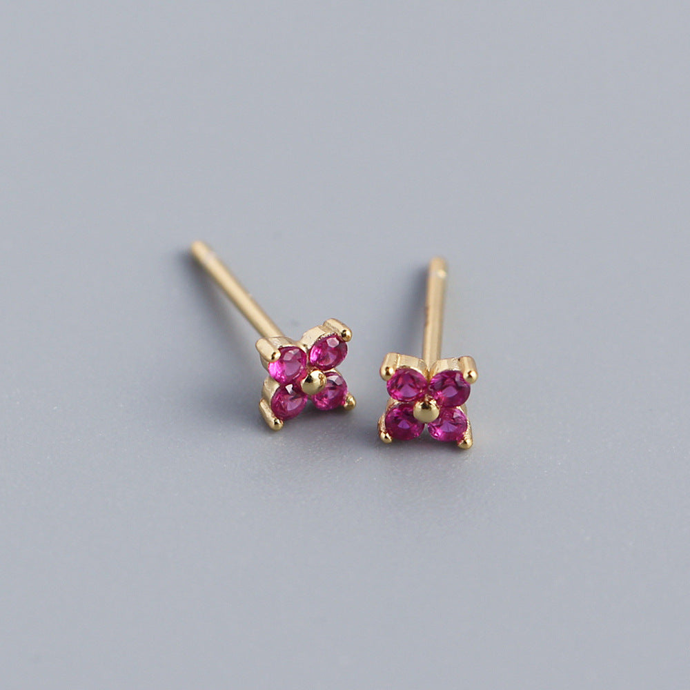 Minimalist Sweet 925 Sterling Silver Inlaid Rhinestone Floral Stud Earrings