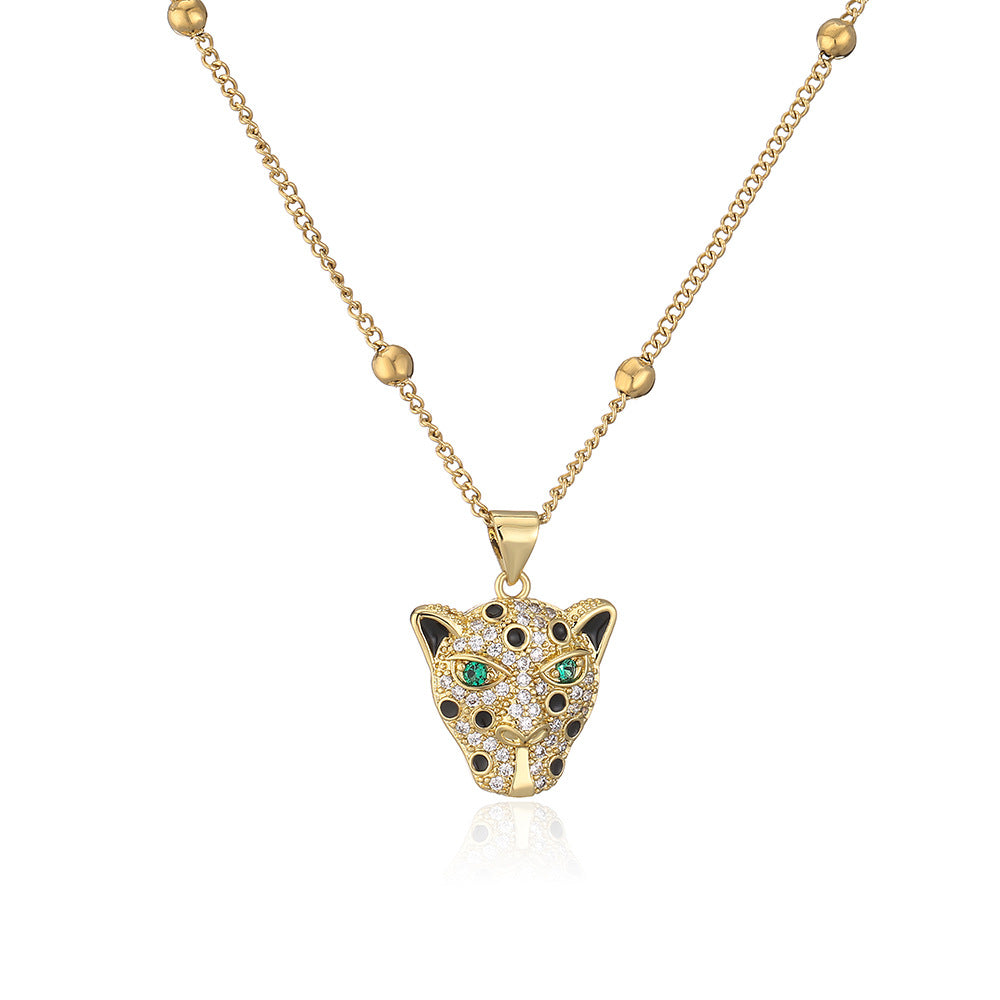 Ins Style Geometric Tiger Head Pendant Necklace for Women with Copper Base Plated in 18K Gold and Zircon Inlay