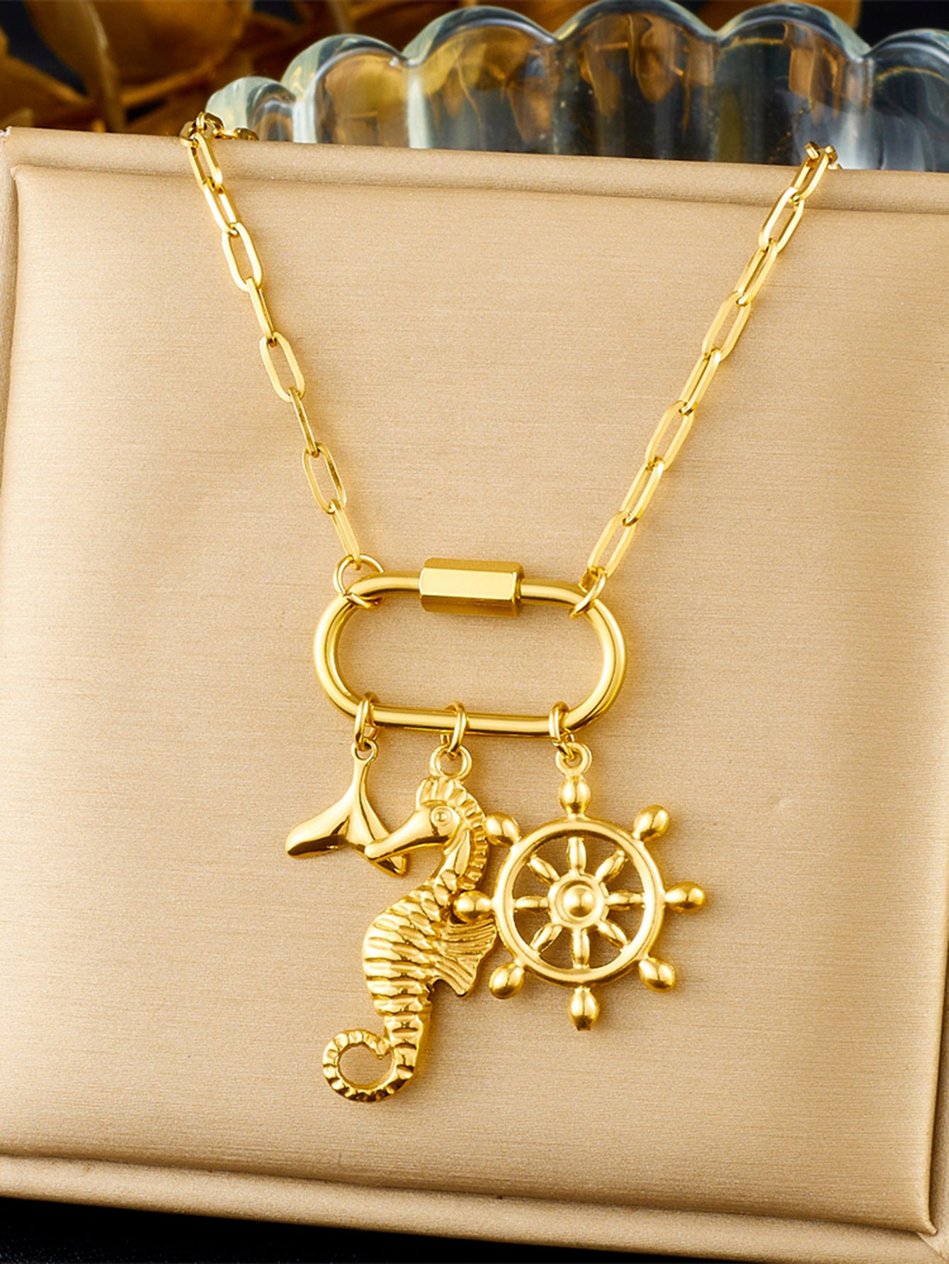 Personalized Ocean Creature Drop Oil Moon Ship Wheel Eye Pendant Stainless Steel Snake Chain Necklace for Women