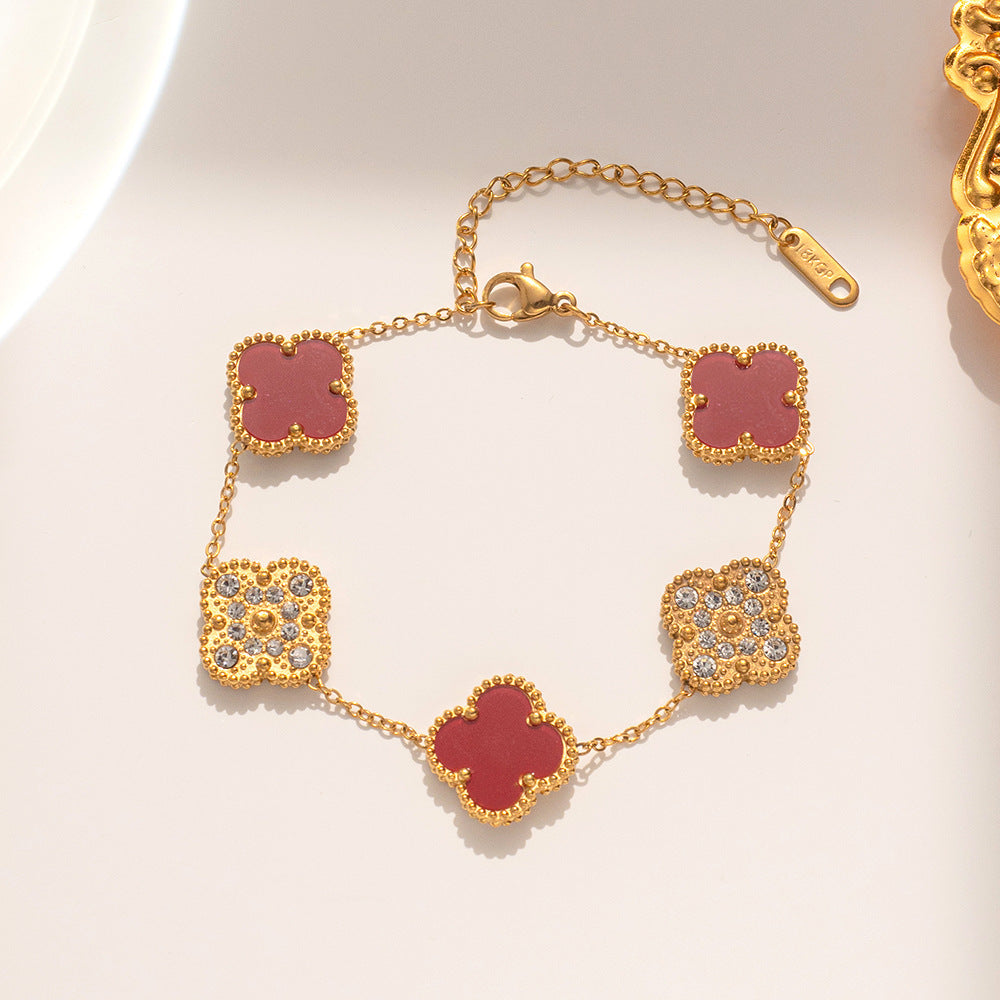 Elegant Four-Leaf Clover Bracelet in Titanium Steel with Rhinestone Inlay, Dual-Wear Design for Women and Men, Electroplated for Hypoallergenic Wear