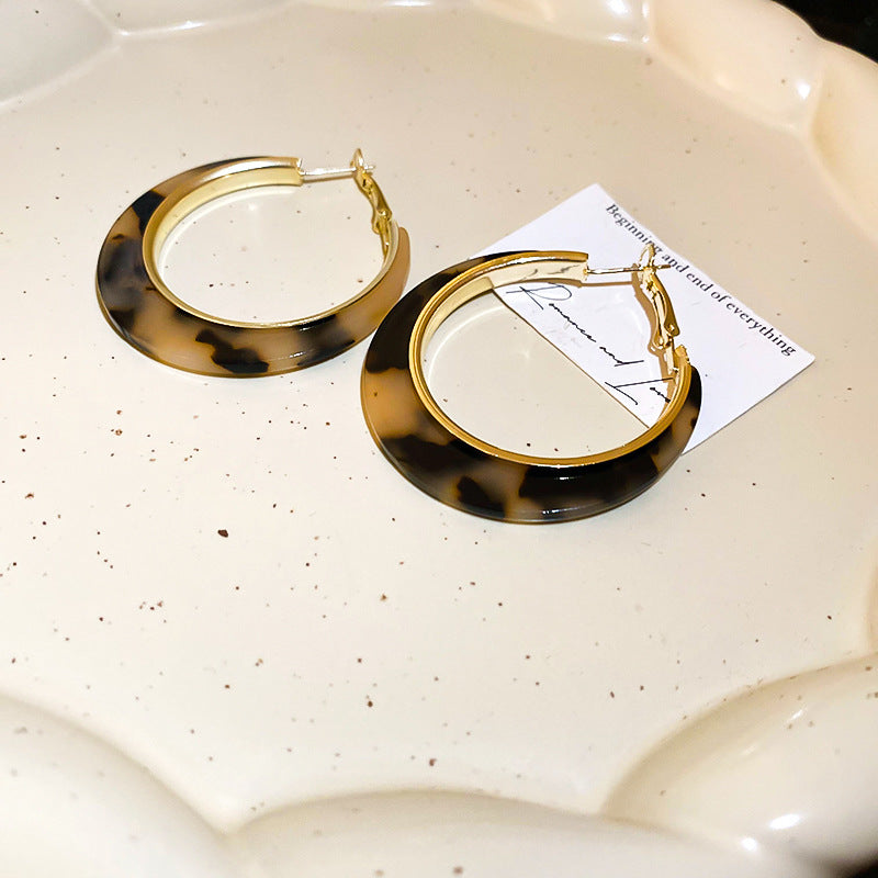 Vintage-Style Geometric Round Hoop Earrings for Women with Alloy Base Plated in Silver Tone Enamel Leopard Print and Rhinestone Inlay