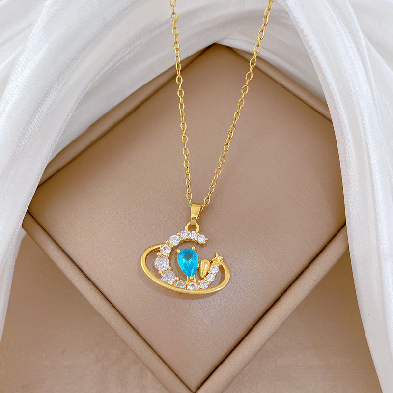 Sweet Minimalist Moon Geometric Cubic Zirconia Titanium Steel Necklace for Unisex