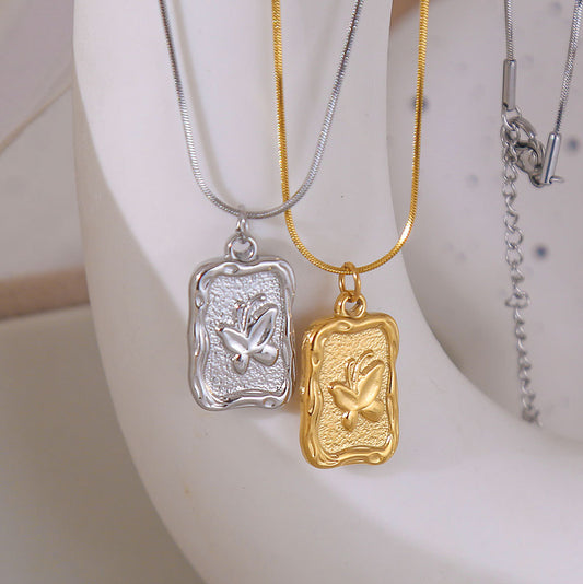 Vintage Floral Butterfly Pendant Necklace in Titanium Steel with Gold Plating for Women Snake Chain Delicate Clavicle Jewelry
