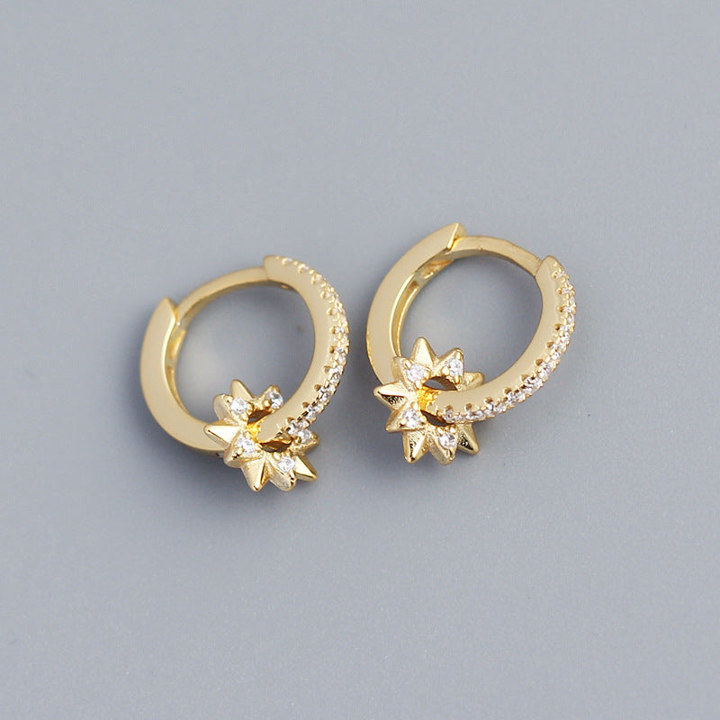 Elegant Minimalist 925 Sterling Silver Star Hoop Earrings with Rhinestone Inlay Rotating Design