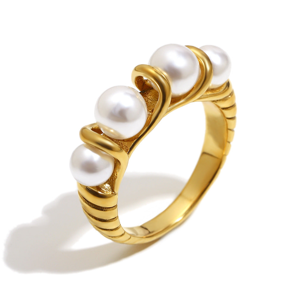 Minimalist Geometric Stainless Steel Plated 18K Gold Ring with Pearl Accent for Women