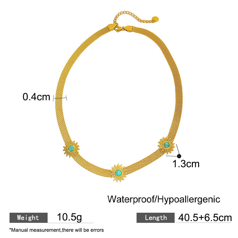 Vintage Geometric Titanium Steel Plated Rope Chain Necklace with Blue Stone Sunflower Design for Unisex
