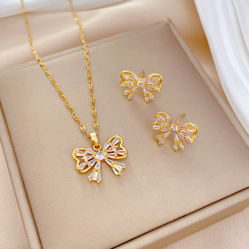 Luxury Fresh and Sweet Plated Brass Zircon Micro-Pave Earrings and Necklace Set