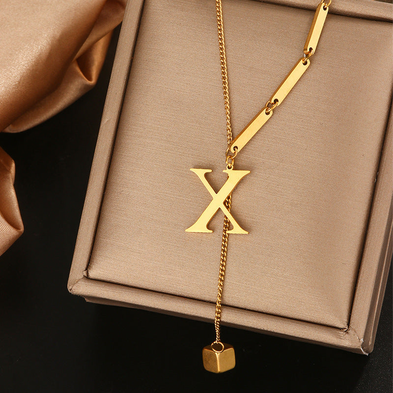 Minimalist Titanium Steel Letter Pendant Necklace with Tassel for Women