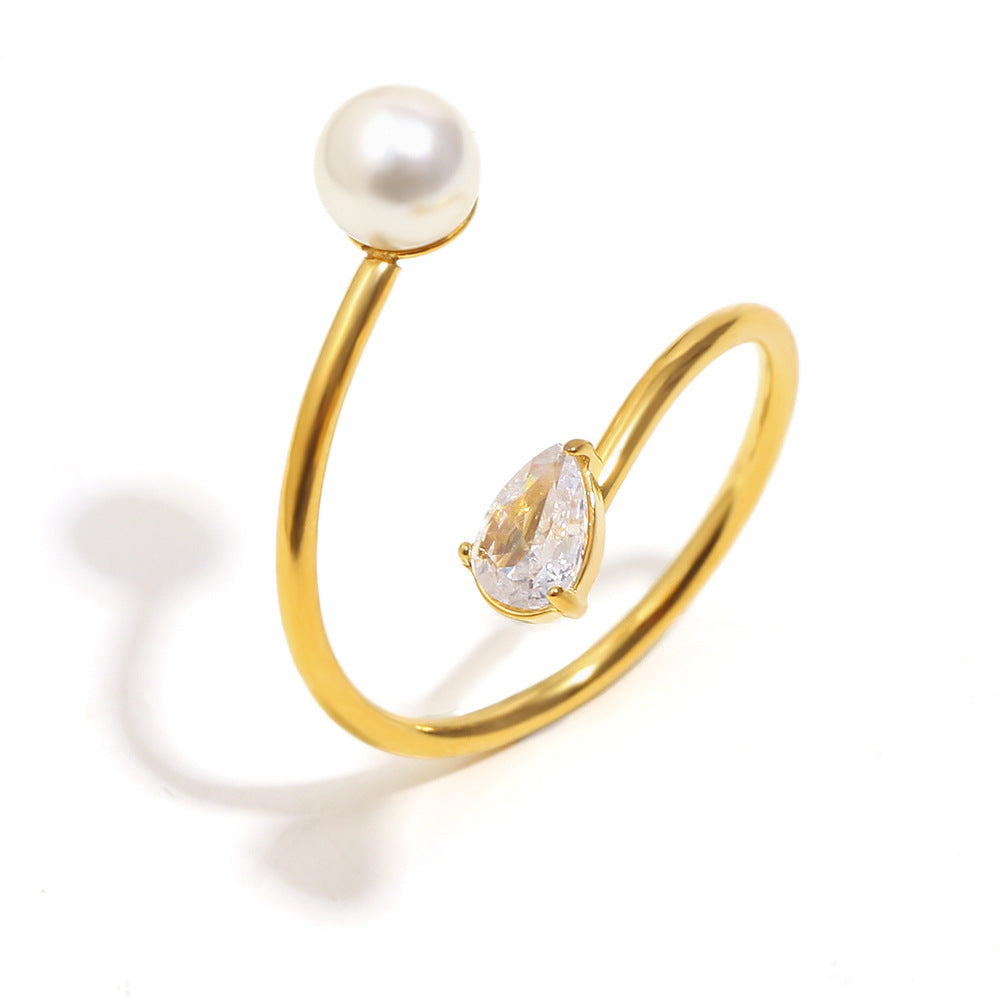 Minimalist Asymmetrical Snake Ring for Women in Stainless Steel with 18K Gold Plating Featuring Simulated Pearl and Zirconia Accents