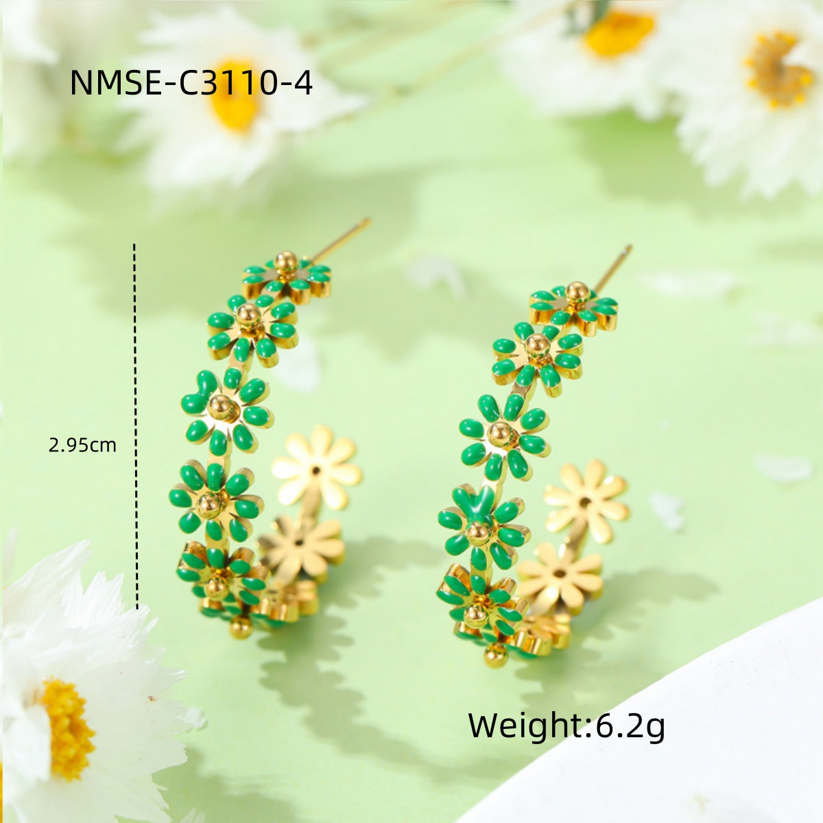 Pendientes de acero de titanio esmaltados con forma floral de moda para mujer, de acero inoxidable hipoalergénico con chapado en oro de 18 quilates