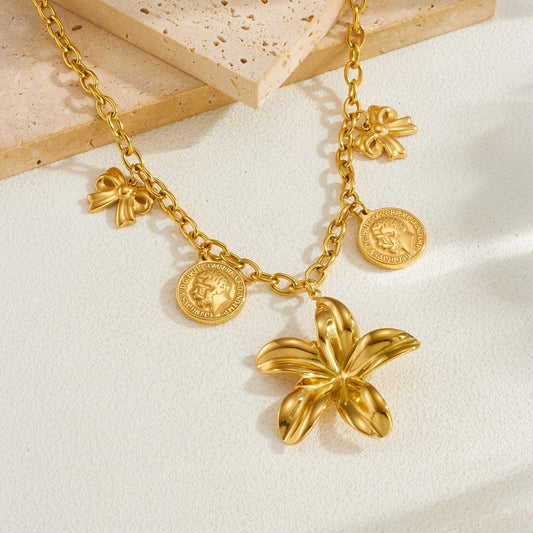 Chic Gold Plated Floral Bow Stainless Steel Pendant Necklace with Cable Chain