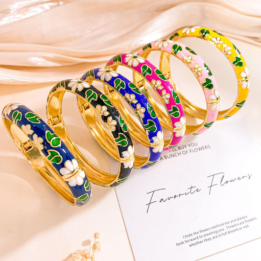 Pulsera de Bangle de Aleación de Esmalte Floral Minimalista Vintage con Diamantes de Imitación para Mujer