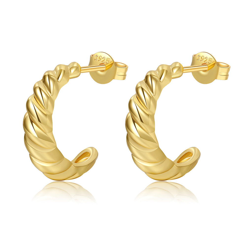 Minimalist Geometric C-Shape Twisted Gold Plated Brass Hoop Earrings