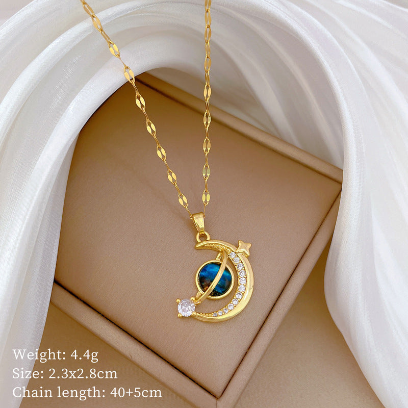 Luxury Minimalist Sweet Geometric Rhinestone Pendant Necklace for Women Titanium Steel O-Chain