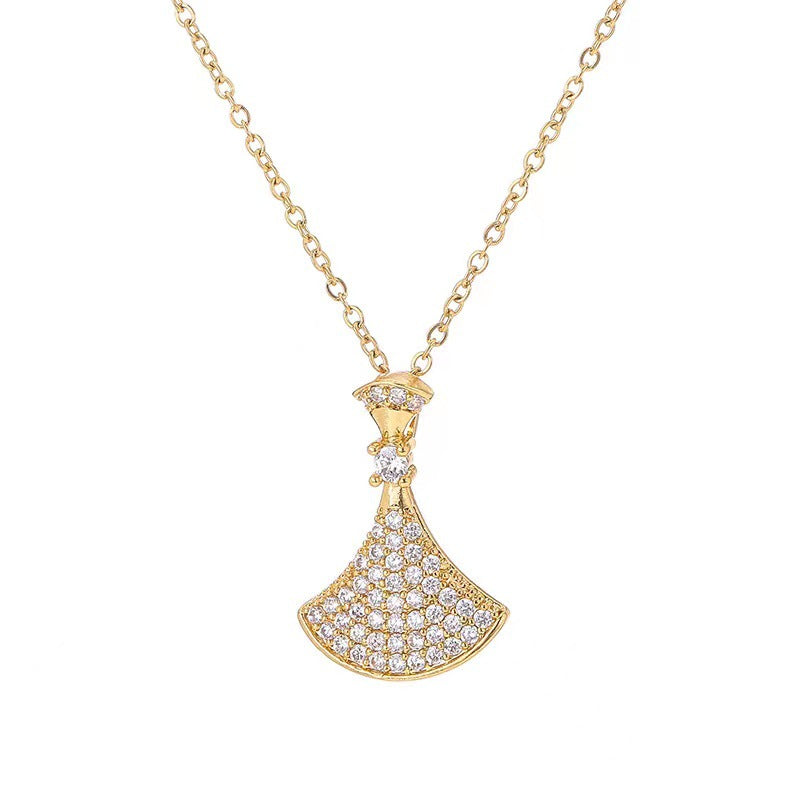 Luxury Rhinestone-Encrusted Titanium Steel Necklace for Women with Fan-Shaped Skirt Pendant and Polished Ball Chain