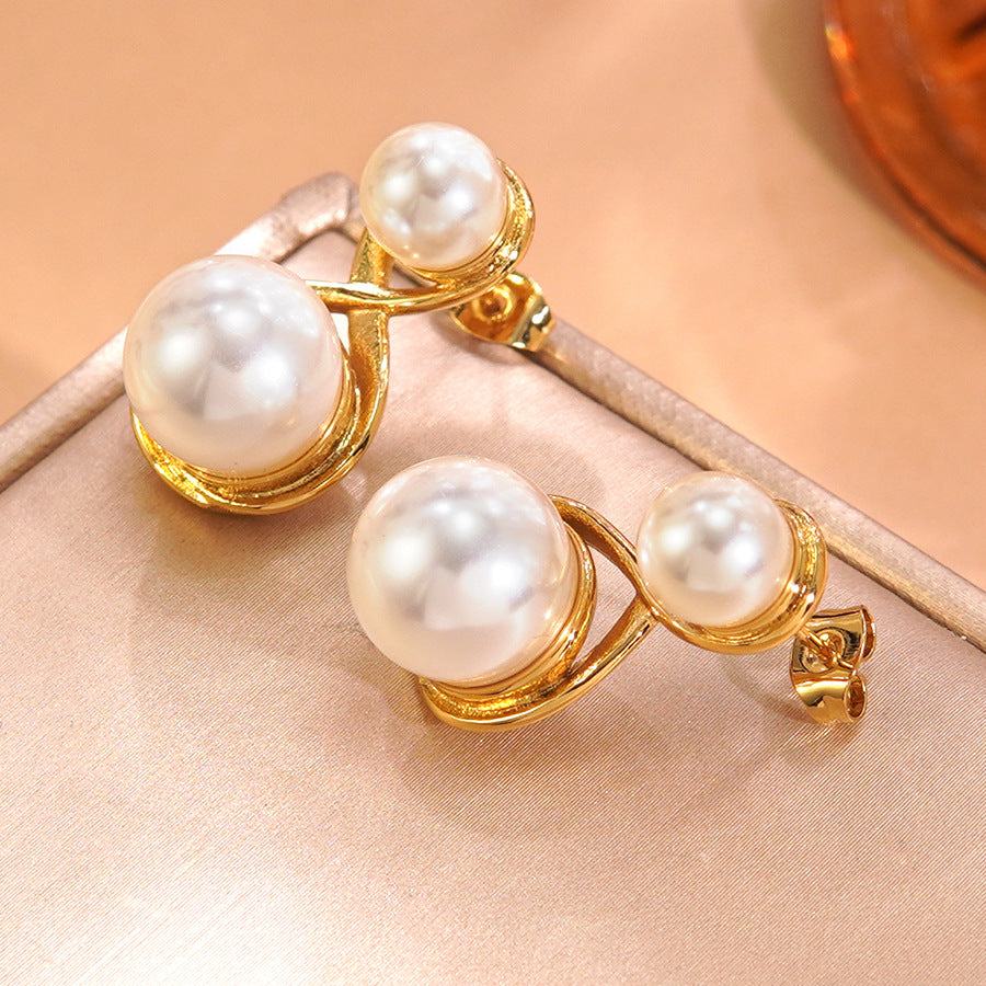 Vintage Elegant Geometric Round Gold Plated Stainless Steel Pearl Earrings