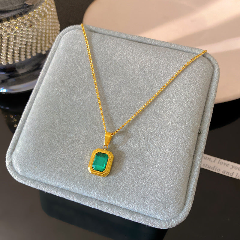 Vintage Green Cubic Zirconia Geometric Square Plated Titanium Steel Necklace for Women and Men