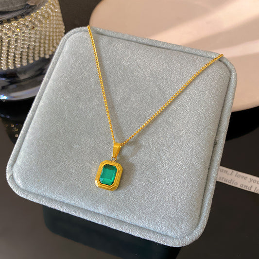 Vintage Green Cubic Zirconia Geometric Square Plated Titanium Steel Necklace for Women and Men
