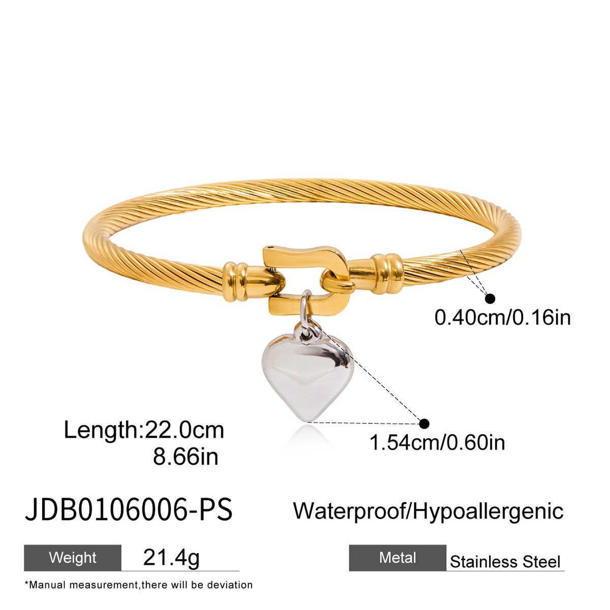 Pulsera de Corazón de Acero Inoxidable con Baño de Oro de 18K de Lujo Minimalista para Mujer