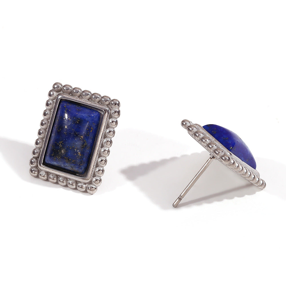 Vintage Geometric Stainless Steel Plated 18K Gold Lapis Lazuli Ring for Women