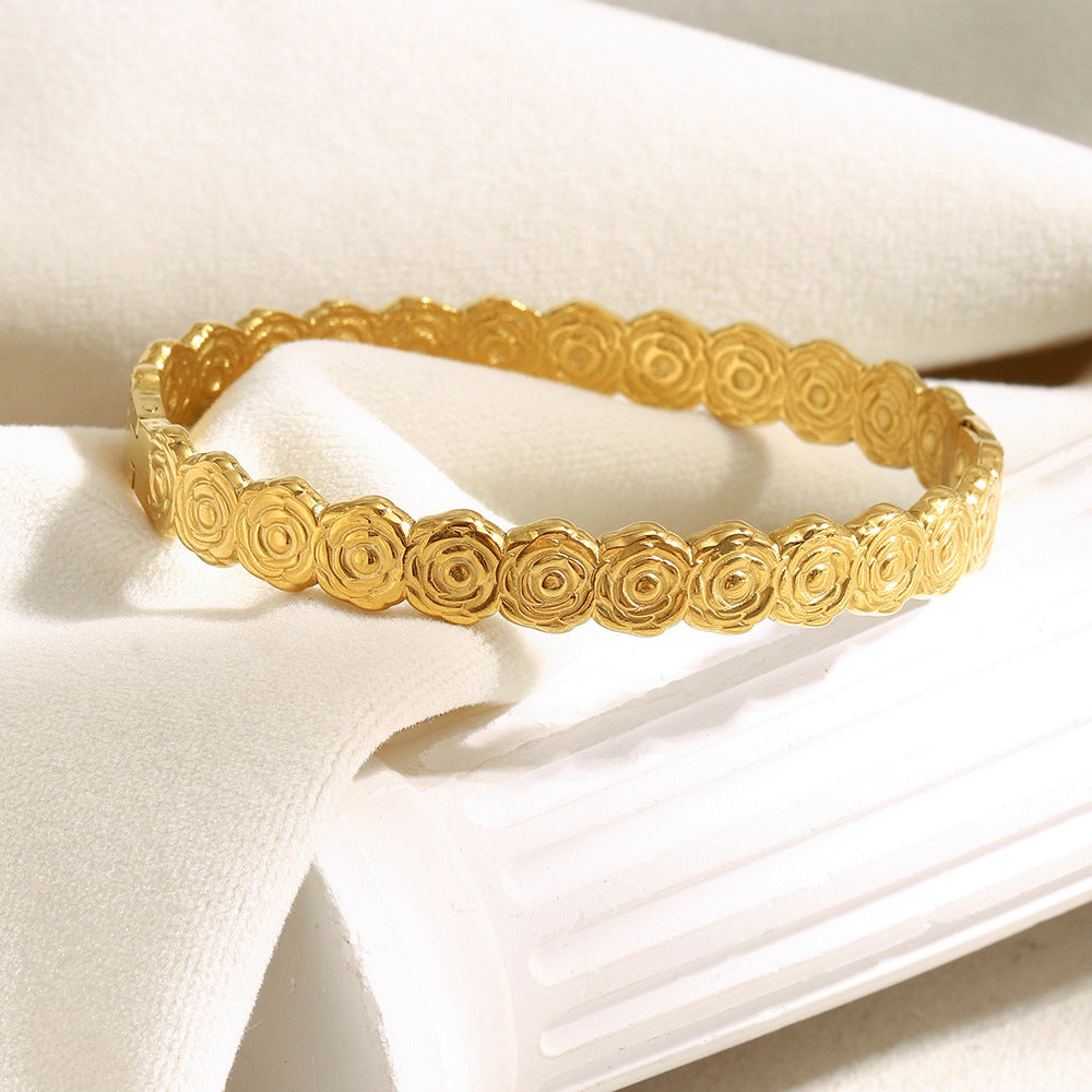 Bracciale rigido floreale da donna, placcato oro 18 carati, in acciaio inossidabile, minimalista ed elegante